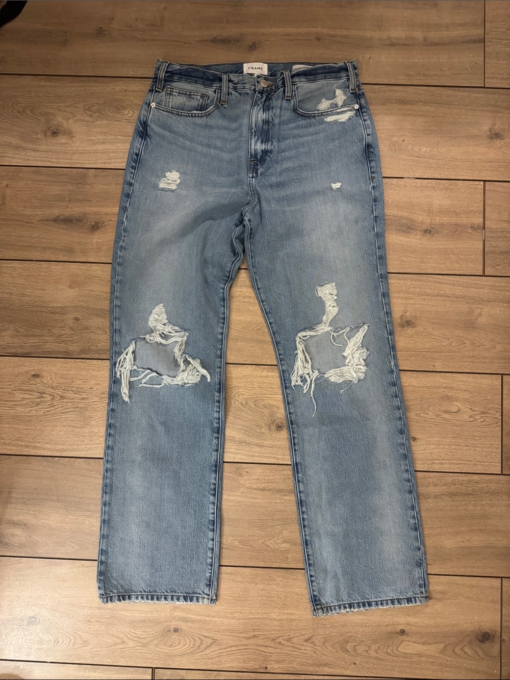 Frame Denim Washed Light Blue Distressed Straight Jeans for Men